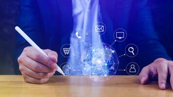Businessman touching Global network connection digital business hologram, Big data analytics and business intelligence concept, Infograph, technology. photo