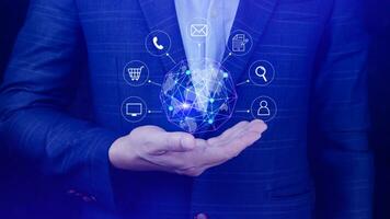 Businessman holding Global network connection digital business hologram, Big data analytics and business intelligence concept, Infograph, technology. photo