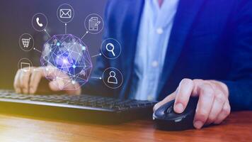 Businessman touching Global network connection digital business hologram, Big data analytics and business intelligence concept, Infograph, technology. photo
