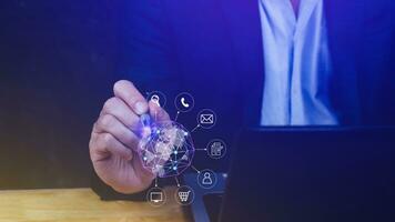 Businessman touching Global network connection digital business hologram, Big data analytics and business intelligence concept, Infograph, technology. photo