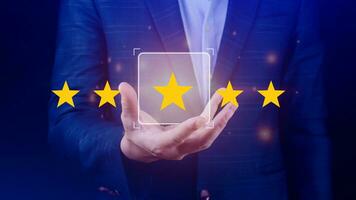 5 star rating. Businessman customer giving five star rating, Review, Service rating, Satisfaction, Customer service experience and feedback review satisfaction. photo