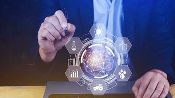 Using hand pressing with infographics Smart farming and precision agriculture with visual icon, Innovation technology for smart farm system, Agriculture management, smart technology concept photo