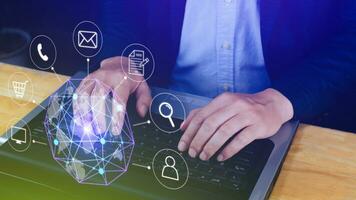 Businessman touching Global network connection digital business hologram, Big data analytics and business intelligence concept, Infograph, technology. photo