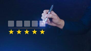 5 star rating. Businessman customer giving five star rating, Review, Service rating, Satisfaction, Customer service experience and feedback review satisfaction. photo