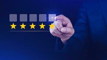 5 star rating. Businessman customer giving five star rating, Review, Service rating, Satisfaction, Customer service experience and feedback review satisfaction. photo