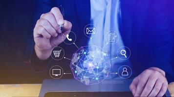 Businessman touching Global network connection digital business hologram, Big data analytics and business intelligence concept, Infograph, technology. photo