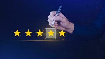 5 star rating. Businessman customer giving five star rating, Review, Service rating, Satisfaction, Customer service experience and feedback review satisfaction. photo