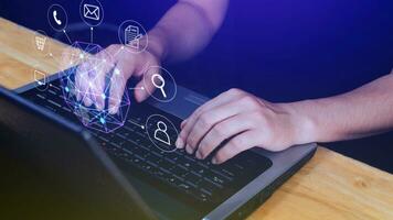 Businessman touching Global network connection digital business hologram, Big data analytics and business intelligence concept, Infograph, technology. photo
