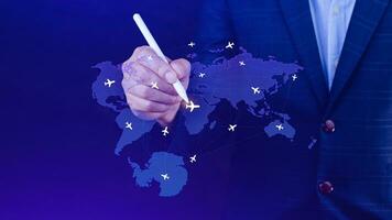 Businessman hand pushing flight booking networking, Hand pressing light blue world map with flight routes airplane, Transportation concept. photo