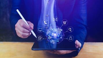 Businessman touching Global network connection digital business hologram, Big data analytics and business intelligence concept, Infograph, technology. photo