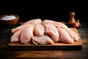 Fresh meat, chicken breasts lying on a kitchen board and a black background. AI Generated photo