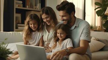 familia de padre, madre y 2 hijas aprendizaje en ordenador portátil en el sofá en el vivo habitación a hogar.creado por generativo ai foto