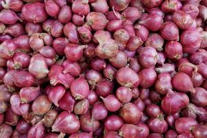 piles of shallots on display at a traditional market for sale photo