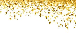 Gold confetti falling down in front of a white background. AI generated photo