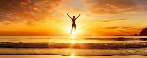 Sunrise over a beach with a person jumping. AI generated photo