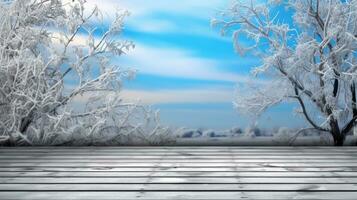 Winter landscape background with a wooden deck. AI generated photo