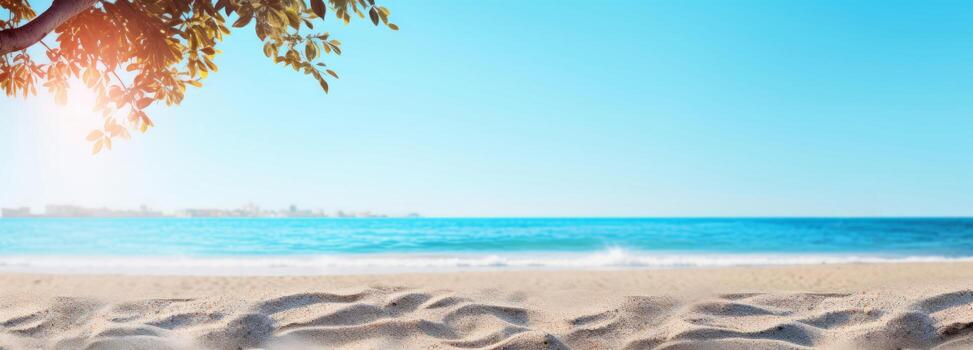 Sunny beach sand and trees by the ocean. AI generated photo