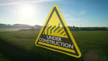 Flight through digital 3D under construction sign in front of green cornfield and mining area and construction site in background video