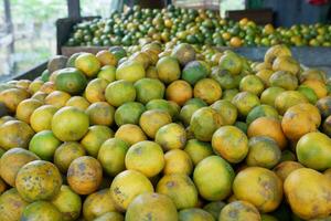 Piles of oranges being sold in a traditional market photo