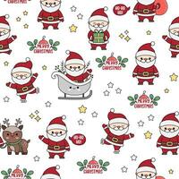 Vector seamless pattern with kawaii Santa Claus. Cute repeat background with Santas, present, sack, sleigh. Father Frost digital paper. Christmas, winter, New Year holiday wallpapers