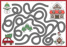 Christmas maze for kids. Winter holiday preschool printable activity with cute kawaii car with tree, decorated house. New Year labyrinth game or puzzle with cute characters vector