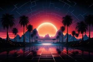 Cartoon flat panoramic landscape, sunset with palm trees. Background in retrofuturism style photo