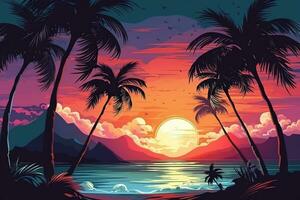 Cartoon flat panoramic landscape, sunset with palm trees. Background in retrofuturism style photo