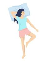Young girl sleeping in the bed on the back in a free position. Cute girl resting after a working or school day. Flat vector illustration in flat style. Female character. Body position concept.