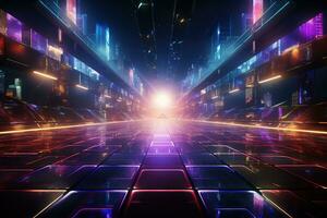 Bright glowing neon futuristic tunnel. Abstract neon lights. Ultraviolet neon glow. photo