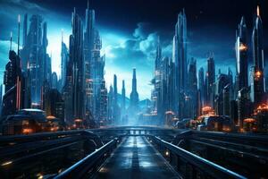 Abstract background with futuristic city and road. Cyberpunk, retrofuturism photo