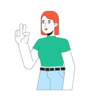 Peace sign girl european 2D linear cartoon character. Victorious caucasian female isolated line vector person white background. Selfie taking. Gesturing two fingers up color flat spot illustration