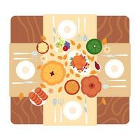 Thanksgiving dinner table overhead 2D cartoon object. Autumn harvest feast dining plates isolated vector item white background. Turkey, pumpkin pie meal arrangement color flat spot illustration