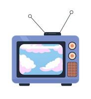 Heaven cloudscape on vintage tv 2D cartoon object. Old fashioned retro television program isolated vector item white background. Clouds sky nature. Watch nostalgia show color flat spot illustration