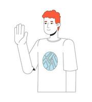 Curly caucasian young man waving happy 2D linear cartoon character. Saying hello isolated line vector person white background. Greeting gesture. Nonverbal communication color flat spot illustration