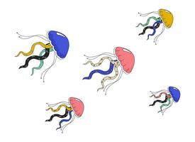 enjambre Medusa nadando juntos 2d lineal dibujos animados objeto. grupo de jalea medusa flotante aislado línea vector elemento blanco antecedentes. mar criaturas submarino color plano Mancha ilustración