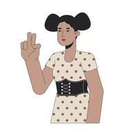 African american peace sign girl 2D linear cartoon character. Gesturing two fingers up isolated line vector person white background. Position on selfie taking. Nonverbal color flat spot illustration