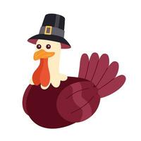 Pilgrim turkey mascot 2D cartoon character. Poultry bird wearing flat topped hat isolated vector animal white background. Capotain turkey. Authentic thanksgiving color flat spot illustration