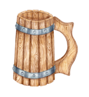 Watercolor illustration of an old wooden drinking mug. Vintage cup for beer or wine. Oktoberfest beer festival. Compositions for posters, postcards, banners, flyers, covers, posters and other printing png