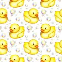 Watercolor illustration of a pattern of a small yellow carved duck and soap bubbles. Bathing time isolated. Pictures for fabric textile children's clothing, wallpaper, wrapping paper, packaging, png