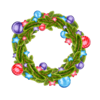 acuarela ilustración de un Navidad guirnalda hecho de abeto sucursales, estrellas y nuevo años pelotas en azul, rojo, púrpura flores vistoso decorativo elemento para tarjetas, Felicidades, invitaciones png