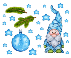 Watercolor illustration of a blue gnome, ball, fir branches and stars. Print in the style of a Scandinavian fairy tale for Christmas and New Year. Illustration for clothing, packaging, gifts, cards, png