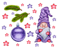 Watercolor drawing of purple gnome, ball, fir branches and stars. Print in the style of a Scandinavian fairy tale for Christmas and New Year. Illustration for clothing, packaging, gifts, cards, png