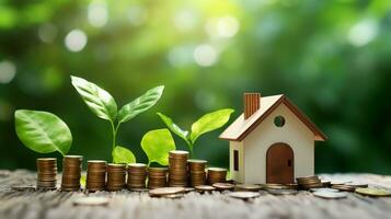 Real Estate Investment. Mini house and coins symbolizing smart financial choices photo