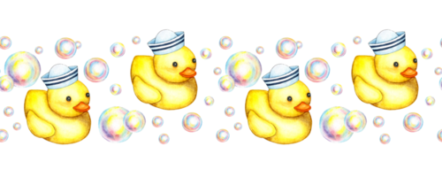 Watercolor illustration horizontal pattern of a small yellow carved sailor duck and soap bubbles. Bath time. Clip art for fabric textile baby clothes, wallpaper, wrapping paper, packaging, design. png