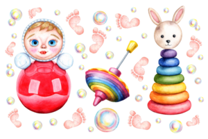 vattenfärg illustration av en uppsättning av barn leksaker tumlare, spinning topp, pyramid, fot skriva ut och tvål bubblor. mönster för barns Kläder, textilier, tapet, omslag papper, förpackning, png