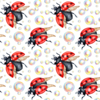 Watercolor illustration of a drawing of red ladybugs with black dots and soap bubbles. Seamless isolated pattern for kitchen, home decor, stationery, wedding invitations and clothing print. png