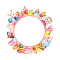 Watercolor illustration of a pink round frame made of children's toys. Pictures for fabric textile children's clothing, wallpaper, wrapping paper, packaging, design, invitation, card, sticker. png