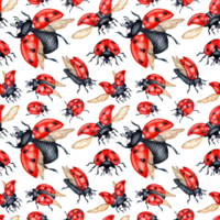 Watercolor illustration of a pattern of red ladybugs with black dots. Seamless isolated pattern for kitchen, home decor, stationery, wedding invitations and clothing printing. png