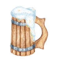 Watercolor illustration of an old wooden mug with beer and foam. Vintage cup for beer or wine. Oktoberfest festival isolated. Compositions for posters, cards, banners, flyers, covers, playbills png