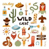 Big Wild West and cowboy set in trendy flat style. Hand drawn simple vector illustration with western boots, hat, snake, cactus, bull skull, sheriff badge star. Cowboy theme with symbols of Texas